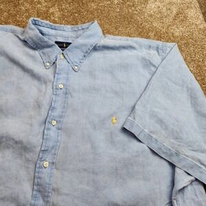 Ralph Lauren Mens 3XLT Slim Fit Short Sleeve 100% Linen Button Down Shirt Blue